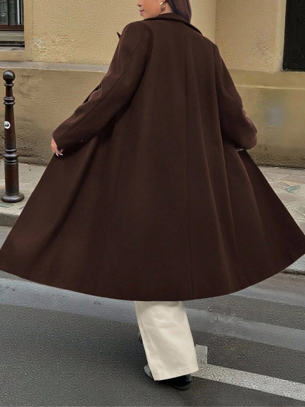 Coffee Brown Casual Women's Regular Fit Lapel Button Pocket Midi Long Jacket - Picture 2 of 6